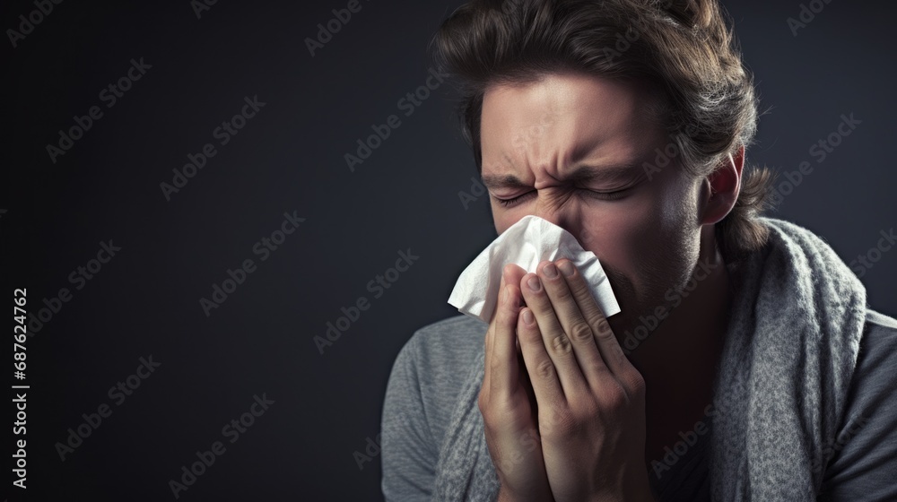 Caucasian Sick Man in Bed Blowing Nose with Tissue in Studio Shot. Health and Allergy Concept for People Caucasian Sick Man in Bed Blowing Nose with Tissue in Studio Shot. Health and Allergy Concept for People