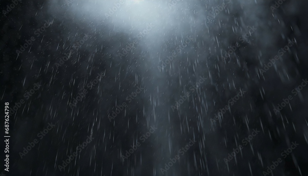 falling raindrops footage animation in slow motion on dark black background with fog lightened from top rain animation with start and end perfect for film digital composition projection mapping - obrazy, fototapety, plakaty 
