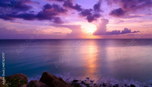 unreal violet purple sunset in the heavens above the sea