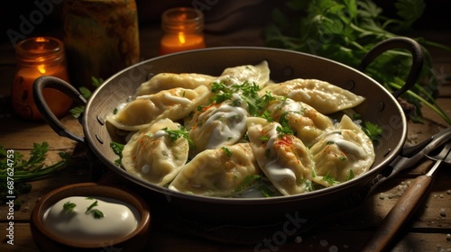 Rustic Pierogi Ruskie with Garlic and Pepper in Vintage Fork and Mortar Setting photo