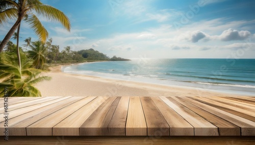 wood table top and blurred summer beach and sky background can used for display or montage your products