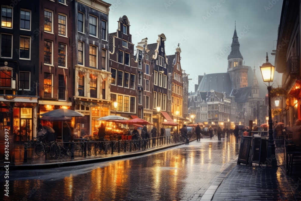 People walking in the old town of Amsterdam, Amsterdam Netherlands dancing houses over river Amstel landmark, AI Generated