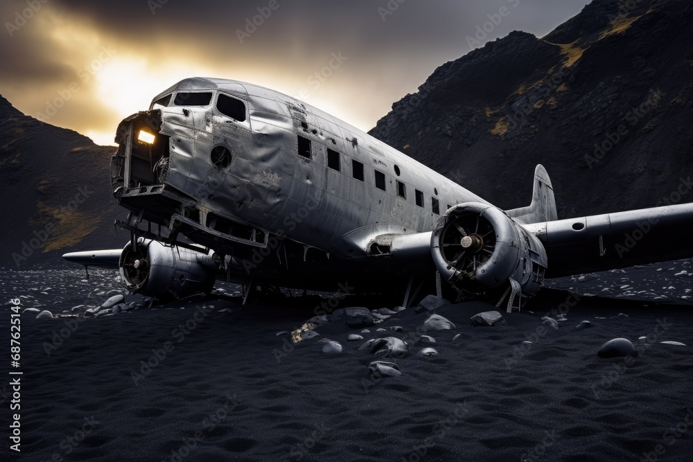 Abandoned military airplane in the desert. 3D rendering, An abandoned airplane rests solemnly on a desolate black sand beach, AI Generated