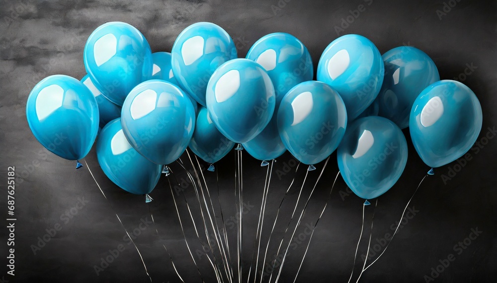 blue balloons bunch on a black wall background horizontal banner blue balloons bunch on a black wall background horizontal banner