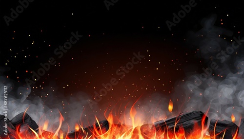 background with fire sparks embers and smoke overlay effect of burn coal grill hell or bonfire with flame glow flying red sparkles and fog on black background vector realistic border poster