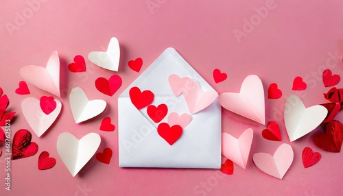 love letter envelope with paper craft hearts flat lay on pink valentines or anniversary background with copy space
