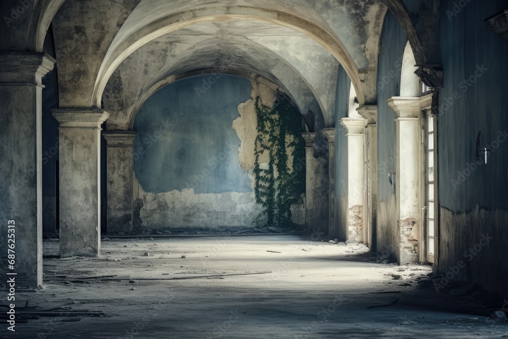 Interior of an old abandoned building with archs and columns, An old empty corridor, Vintage abandoned building with a window, AI Generated