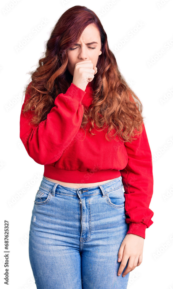 Young beautiful woman wearing casual winter sweater feeling unwell and coughing as symptom for cold or bronchitis. health care concept. Young beautiful woman wearing casual winter sweater feeling unwell and coughing as symptom for cold or bronchitis. health care concept.