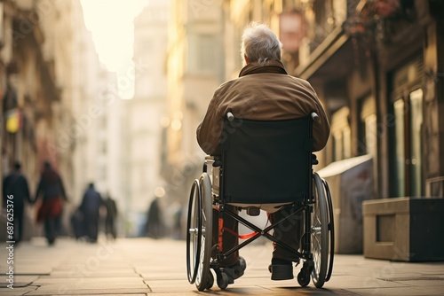 Elderly man in a wheelchair on the street of the city, An old man is sitting in a wheelchair on a walk in the city, rear view, AI Generated photo