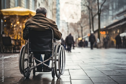 Elderly man in a wheelchair on the street of the city, An old man is sitting in a wheelchair on a walk in the city, rear view, AI Generated