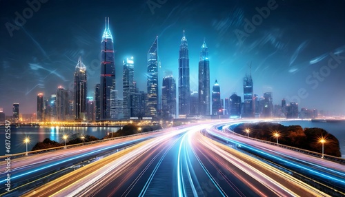 speed light trails path through smart modern mega city and skyscrapers town with neon futuristic technology background future virtual reality motion effect high speed light with generative ai