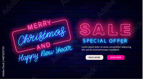 Merry Christmas and Happy New Year sale neon flyer. Website landing page template. Special offer. Vector illustration