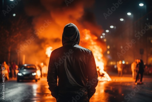 Man in a black jacket with a hood stands against the background of a burning city street, Back view of an aggressive man without a face in a hood against the backdrop, AI Generated