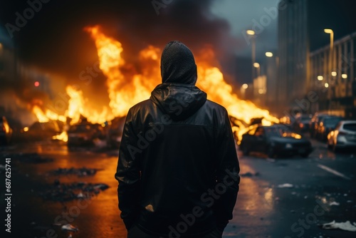 Man in hood standing in the middle of the road with burning buildings in the background, Back view of an aggressive man without a face in a hood against the backdrop, AI Generated
