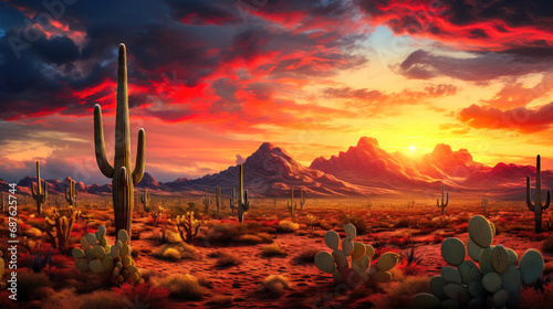 Dramatic Sunset over Cactus-filled Desert Landscape