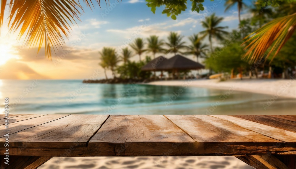 wooden table over blur tropical beach background product display montage high quality photo