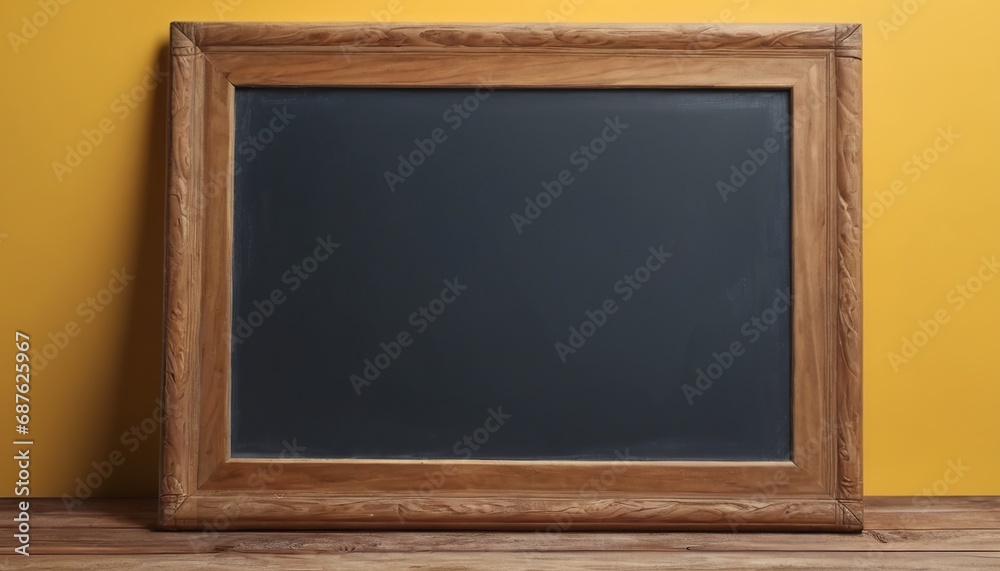 Empty blackboard with wooden frame on wooden table over yellow background.
Empty blackboard with wooden frame on wooden table over yellow background.