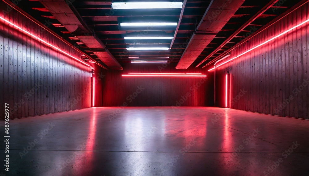 modern garage background futuristic warehouse with red neon lighting minimalist design of dark empty room panorama of hallway interior concept of hangar industry hall spaceship