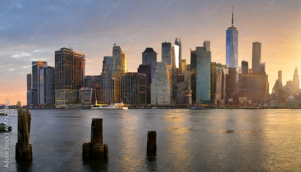 Naklejka premium new york city panorama skyline at sunrise manhattan office buildings skysrcapers at the morning new york city panoramatic shot first sun beams lights up manhattan of new york city