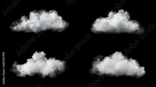 Clouds set isolated on black background. White cloudiness, mist or smog background