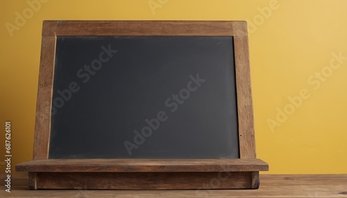  Empty blackboard with wooden frame on wooden table over yellow background.