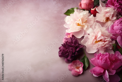 Pink and purple flowers on light background, background for Valentine's Day, Mother's Day, anniversary