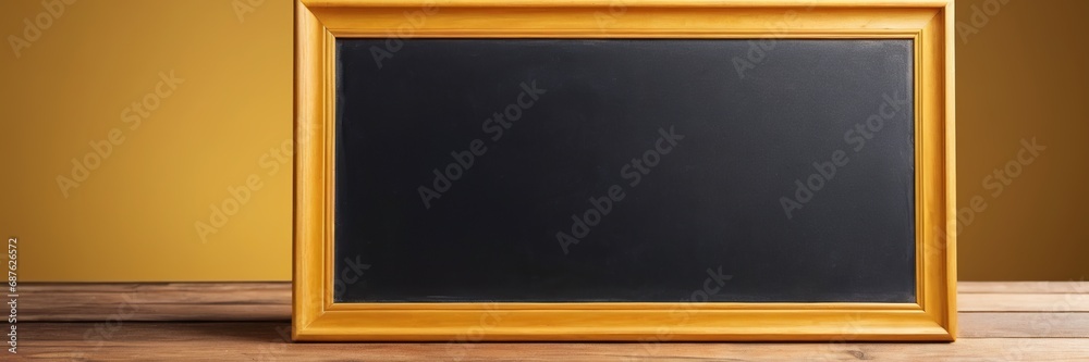 Empty blackboard with wooden frame on wooden table over yellow background.
Empty blackboard with wooden frame on wooden table over yellow background.