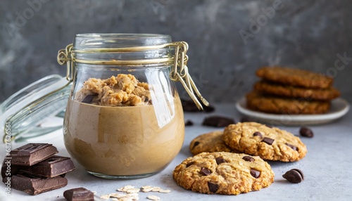 flourless gluten free peanut butter oatmeal and chocolate chips cookies in glass jar and on table horizontal photo