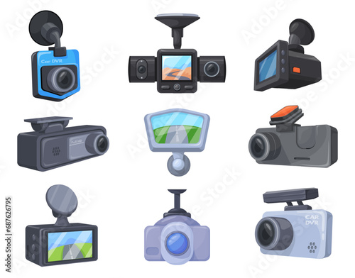 Dvr. Dash cameras video recorder system for driving security, camera mounting on car window dashcam device digital technology road surveillance set cartoon neat vector illustration