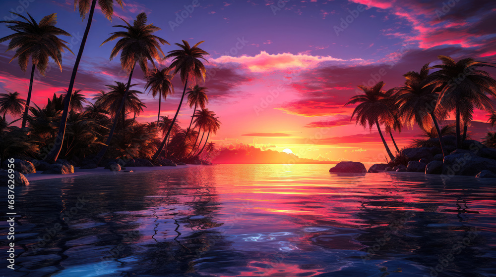 Spectacular Sunset over a Tropical Beach with Palm Trees