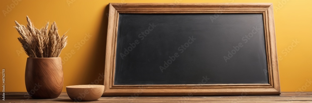 
Empty blackboard with wooden frame on wooden table over yellow background.