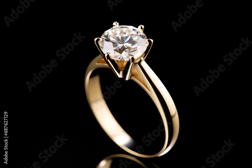 A solitary, yellow gold, engagement diamond ring is isolated on a black background. photo