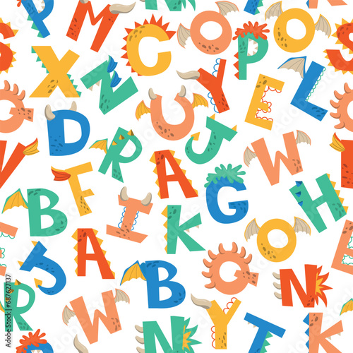 Dragon alphabet seamless pattern on a white background. ABC vector funny illustration for childrenin cartoon style.