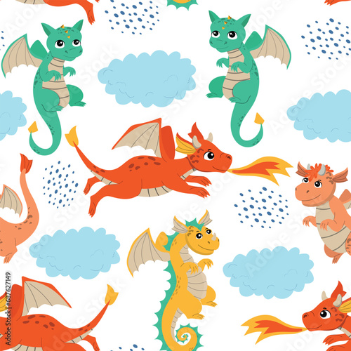 Cartoon flying dragons seamless pattern. Various dragons characters. Colorful isolated doodles on a white background