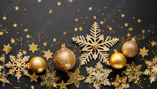 golden snowflakes gifts christmas balls and stars on dark background