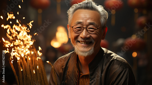 Chinese grandad at Year of the Dragon celebration. Concept of cultural festivities, traditional celebrations, and the joyous spirit of welcoming a significant cultural symbol.