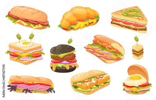 Different sandwiches. Sandwich and burgers collection, bread rolls panini fast food ingredients cheese meat vegetable tasty breakfast
