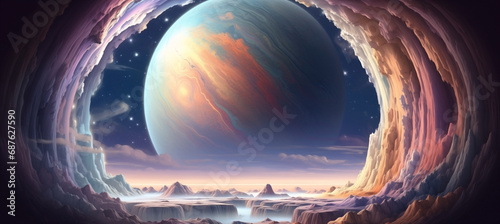 Outer space travel and exploration to a uninhabited new world - surreal landscape view from inside cavern with giant exoplanet moon view on the horizon with stars - sci-fi fantasy dreamscape. 