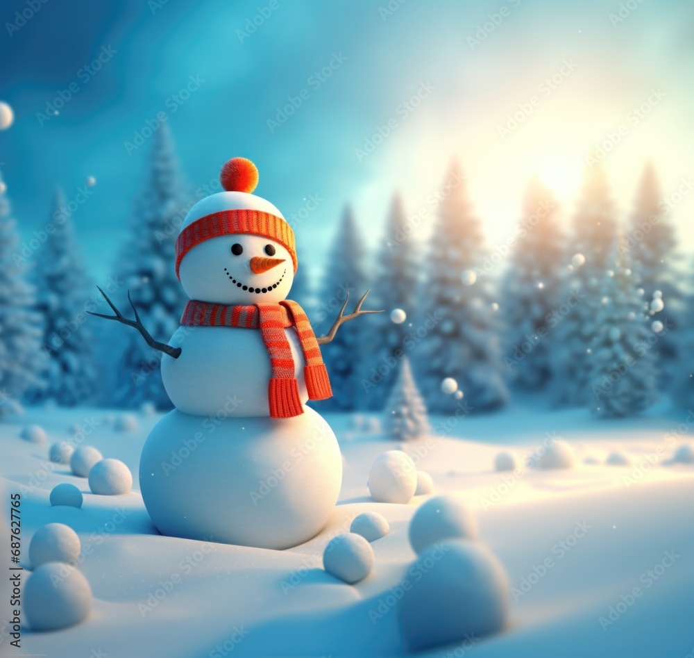 Obraz premium Snowman in knitted hat. Cute New Year, Christmas holiday character