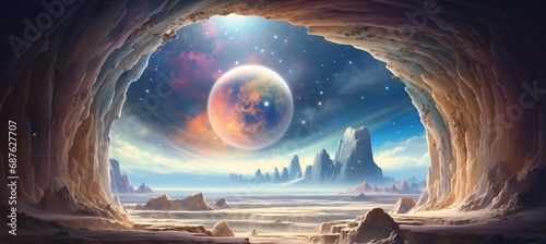 Outer space travel and exploration to a uninhabited new world - surreal landscape view from inside cavern with giant exoplanet moon view on the horizon with stars - sci-fi fantasy dreamscape.  #687627707