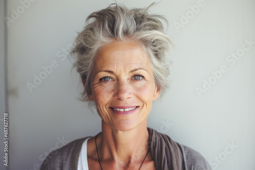 Elegant senior woman with silver hair and confident smile photo