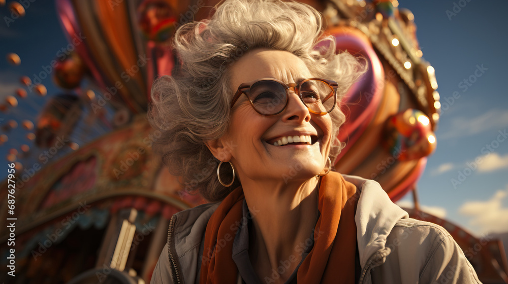 Obraz premium Portrait of a senior grandma at the fair. Concept of joy, nostalgia, and the timeless delight of enjoying festive and vibrant experiences at a fairground.