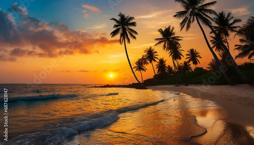 gorgeous tropical sunset over beach with palm tree silhouettes perfect for summer travel and vacation