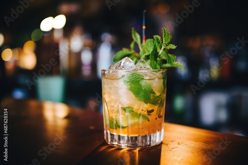 Artisanal Cocktail - A vibrant craft cocktail adorned with fresh herbs, set against a rustic bar backdrop - AI Generated photo