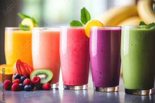 Healthy Smoothies - Colorful smoothies in tall glasses  surrounded by fresh fruits and vegetables - AI Generated