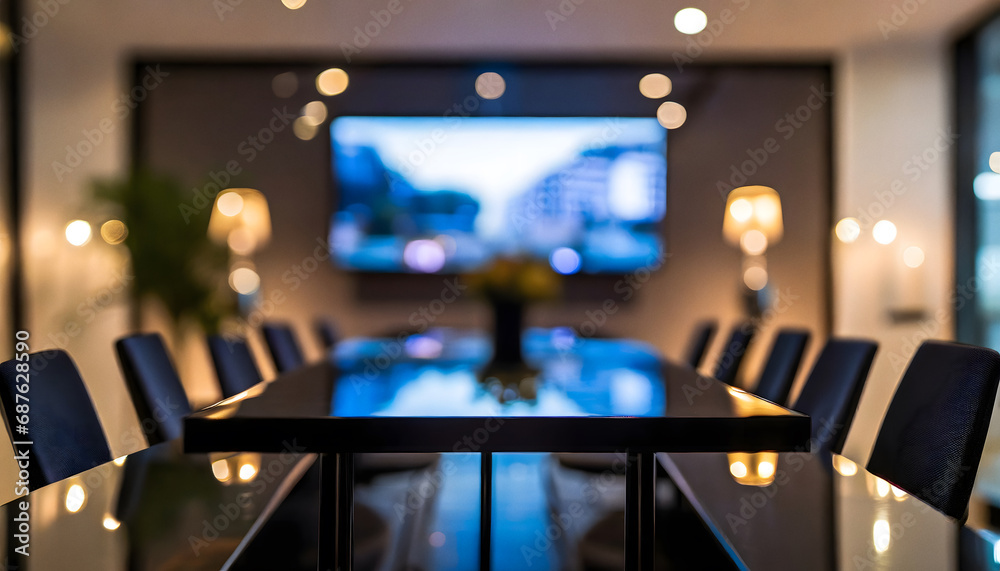 Modern meeting room and screen, blurred with sharp foreground Modern meeting room and screen, blurred with sharp foreground