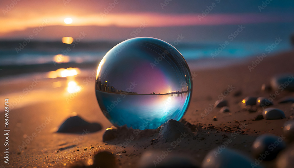 Refractive glass sphere washed up on sandy beach with warm light Refractive glass sphere washed up on sandy beach with warm light
