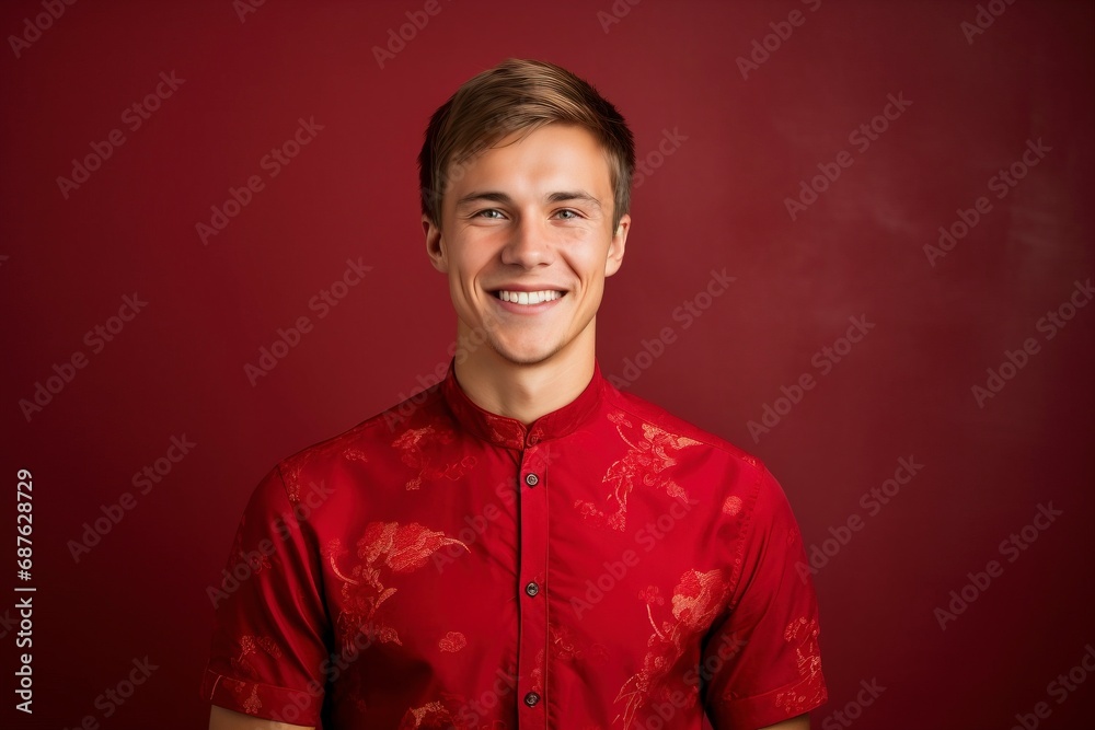 Young european man smiling, wearing cheongsam, one color background, copy space. generative ai Young european man smiling, wearing cheongsam, one color background, copy space. generative ai