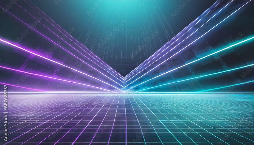 cyan blue and purple grids neon glow light lines design on perspective floor creativity digital internet cyberpunk virtual reality concept hi tech abstract backgroud generative ai - obrazy, fototapety, plakaty 