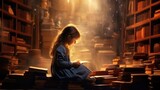 little girl stay at old antique library with magic light,magic ancient knowledges